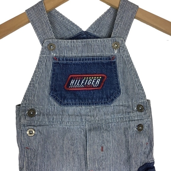 TOMMY HILFIGER Baby Overalls Denim Pinstripe Stripe Bibs Painter Patch Size 12M - Picture 2 of 13